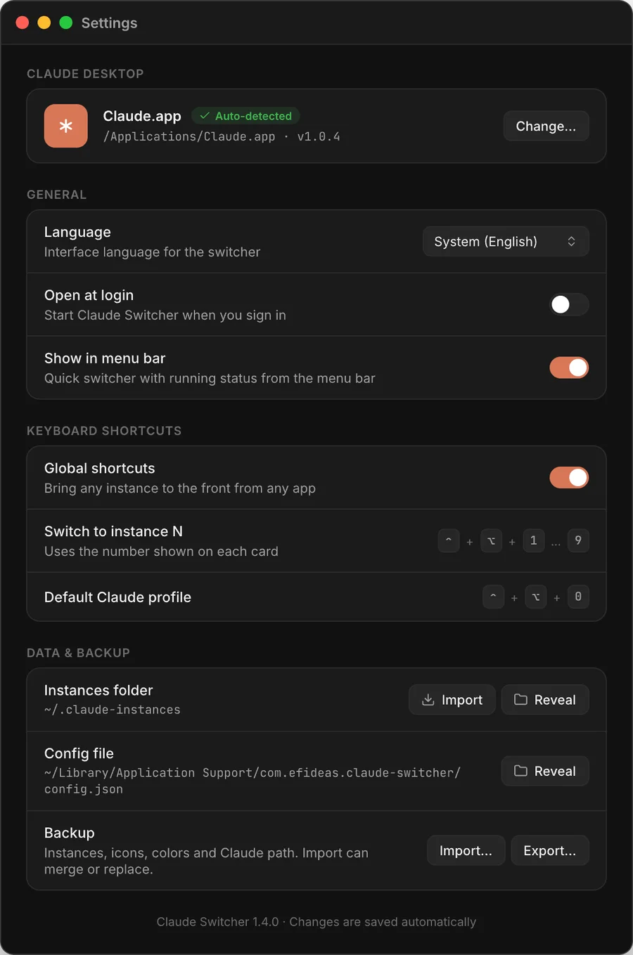 Ajustes de Claude Switcher: ruta de Claude, idioma, atajos globales y copia de seguridad