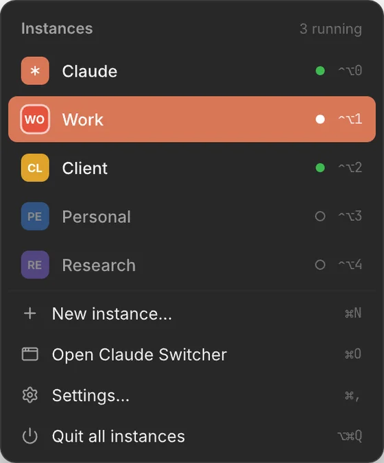 Menú de Claude Switcher en la barra de menús, con la lista de instancias y su estado