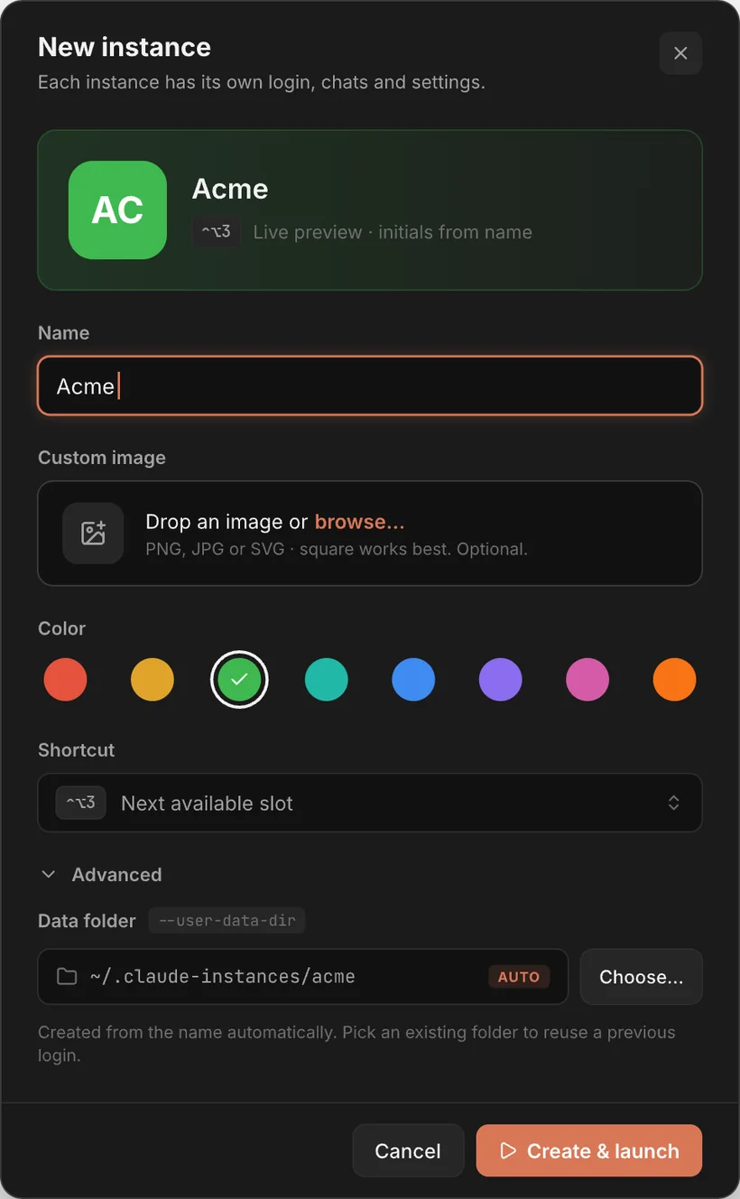 Ventana para crear una instancia nueva, con nombre, imagen, color y carpeta de datos