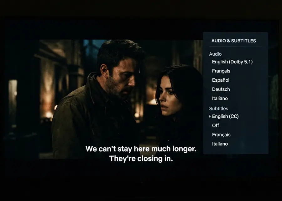 Pantalla con subtítulos y selector de idioma de audio